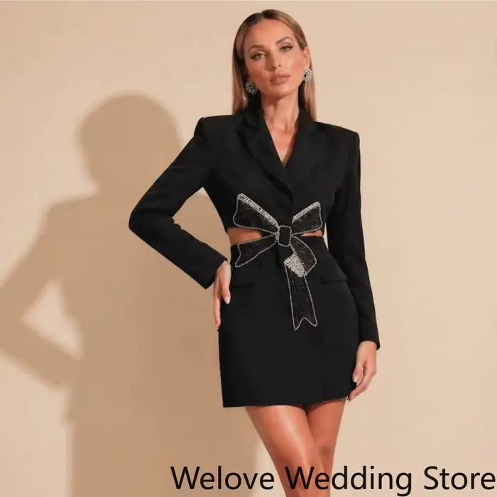 Robe noire chic de style blazer avec nœud en cristal pour femmes occasions spéciales soirée officielle