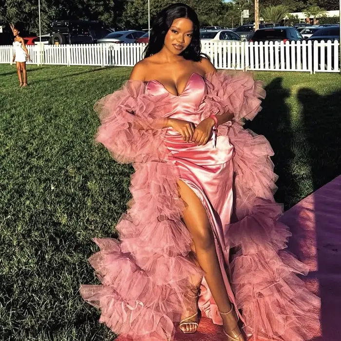 Magnifiques robes de soirée sirène 2 pièces pour femmes avec vestes en tulle surdimensionnées