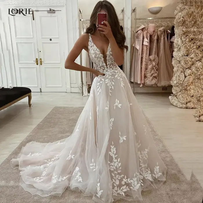 LORIE-Robe de Mariée Élégante en Dentelle Style Boho, Coupe Basse, Col en V, avec des Appliques, Que