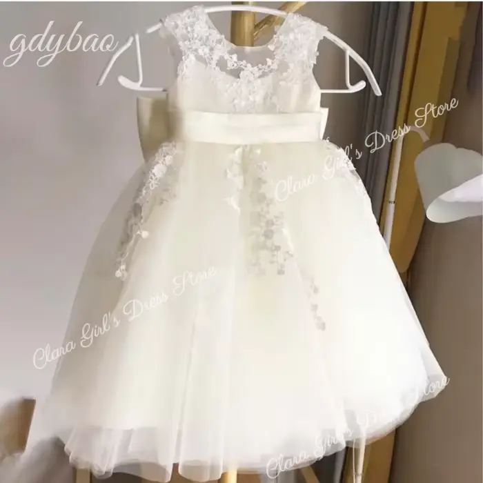 Robes de demoiselle d'honneur en tulle bouffant, dentelle ivoire avec nœud en satin, robes de bal d'