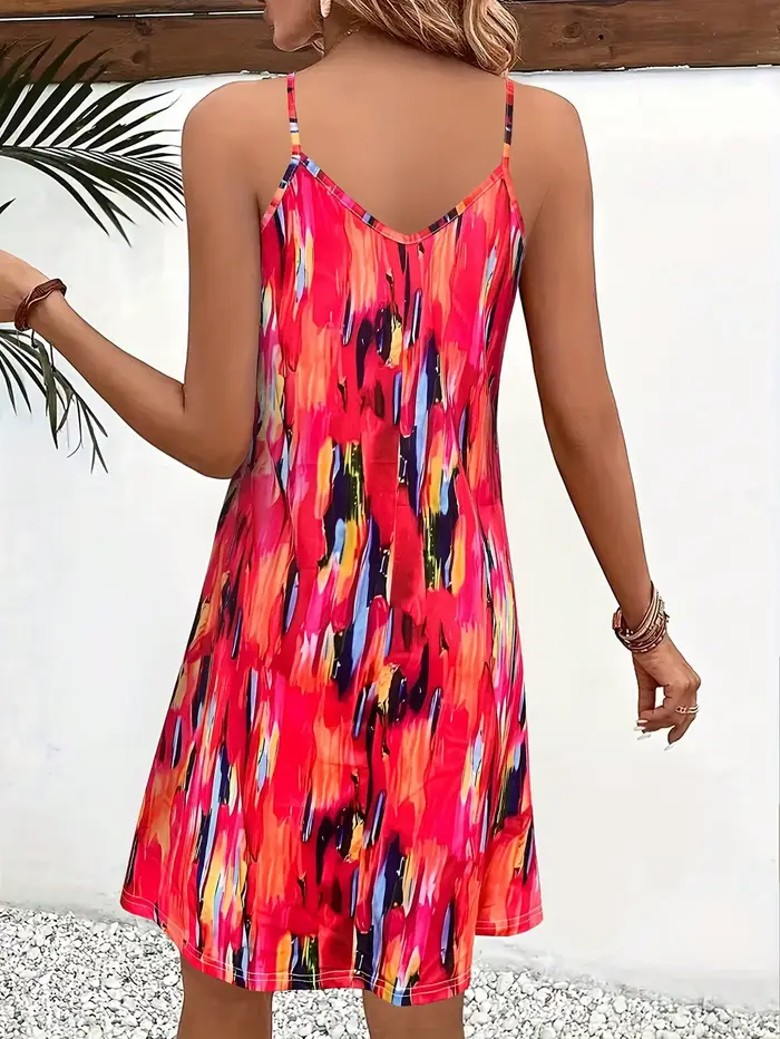 Robe d'été à col en V pour femmes style bohème fluide imprimée polyester sans manches pour vacances et sorties d'été