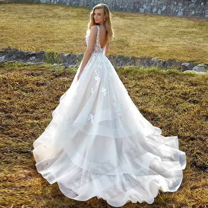 Robe de mariée dos nu avec appliques à plusieurs niveaux, robes de mariée modestes, robes de mariée 
