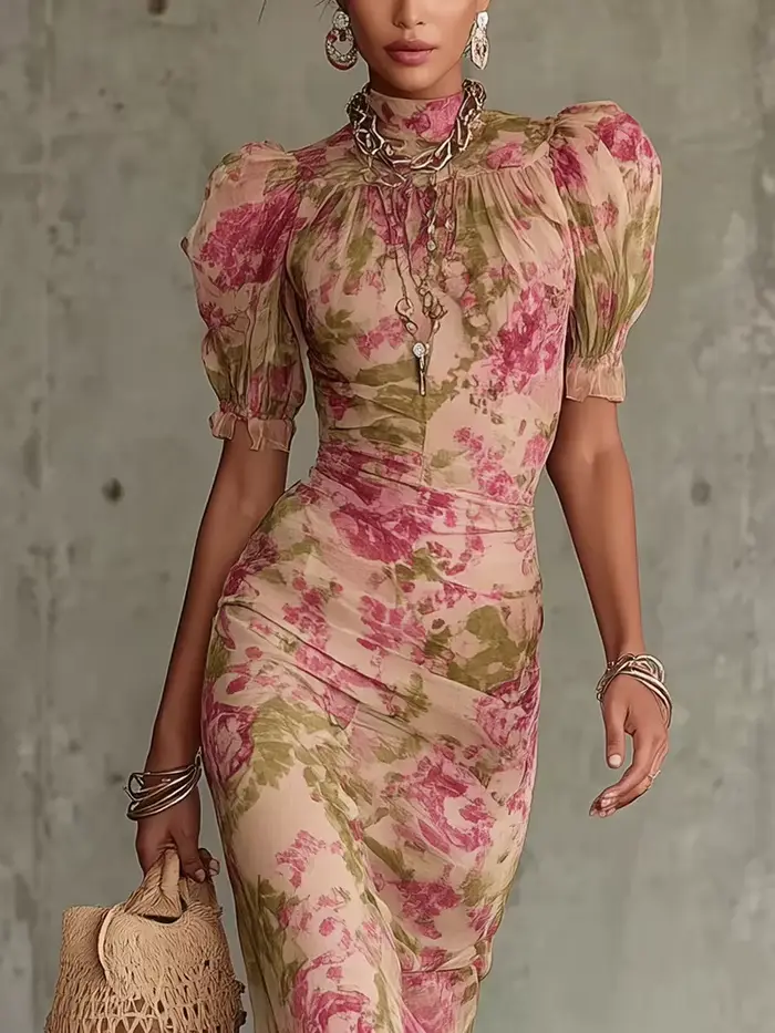 Robe midi moulante sexy pour femme, nouvelle mode, col montant, imprimé floral, taille ajustée, robe