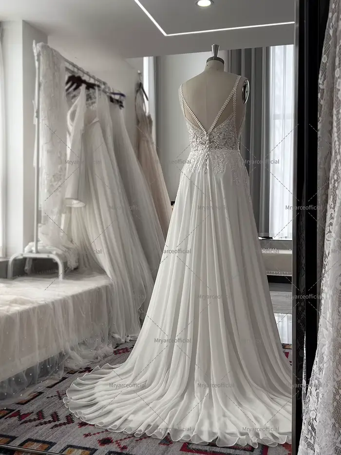Mryarce mousseline de soie une ligne paillettes dentelle bretelles Spaghetti fluide robe de mariée robes