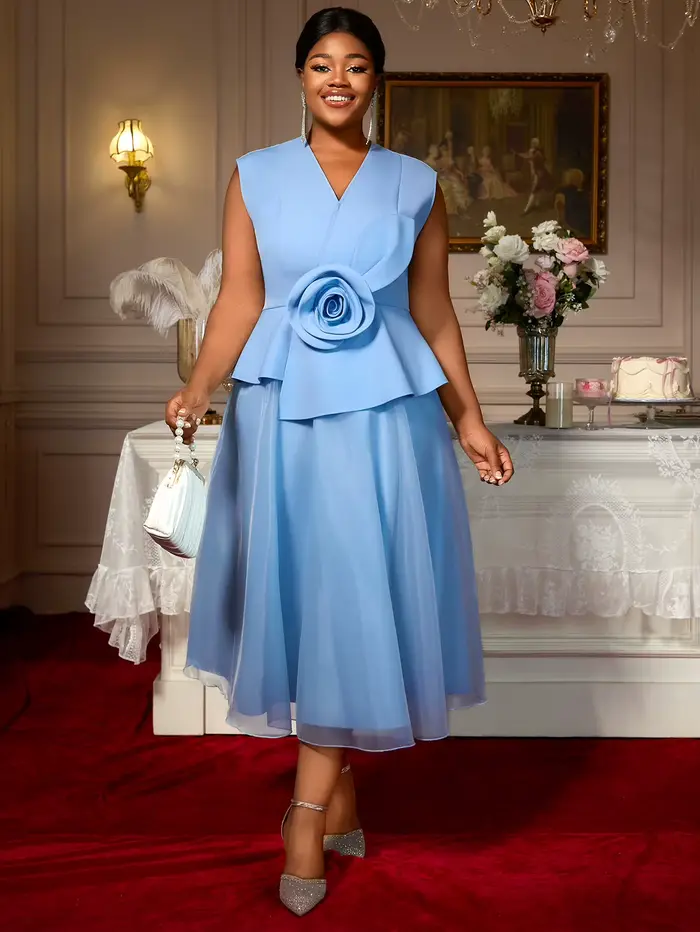 Robe bleue élégante en polyester une ligne tulle 3D fleur col en V peplum pour femmes grandes tailles occasions spéciales mariage soirée de gala