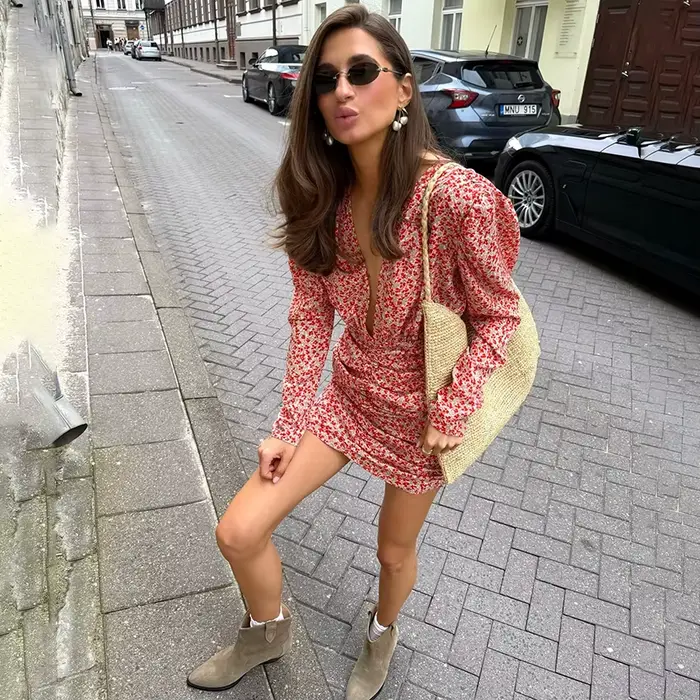 Linad Vintage col en V profond imprimé robe courte Sexy été taille haute plissée Mini