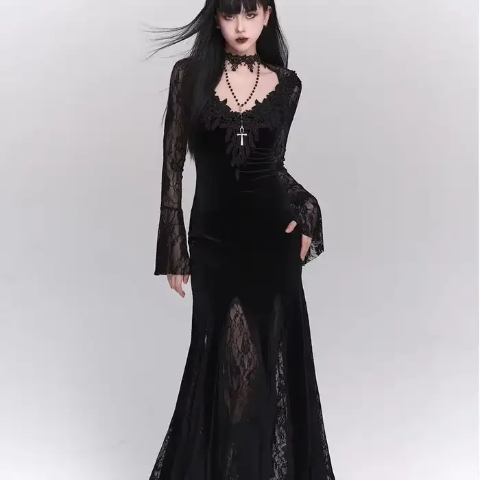 Robe gothique d'hiver en dentelle Grunge, Design de mode coréenne, robe longue de bal pour femmes, C