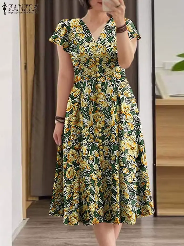 ZANZEA femmes élégantes imprimé fleuri robe mi-longue été 2025 décontracté volants manches courtes col en V Robes mode