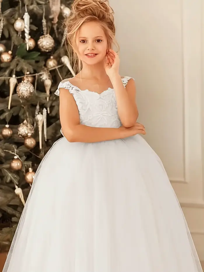 Robe de demoiselle d'honneur blanche en dentelle à épaules dénudées avec traîne pour filles