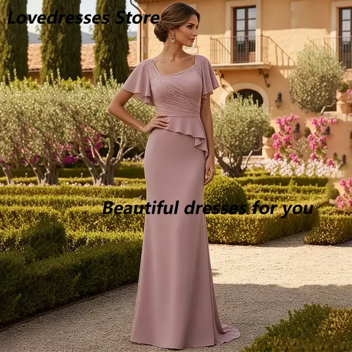 Robes de mère de la mariée personnalisées, rose poudré, manches volantées, péplum perlé, robe de soirée longue sirène pour invitées de mariage