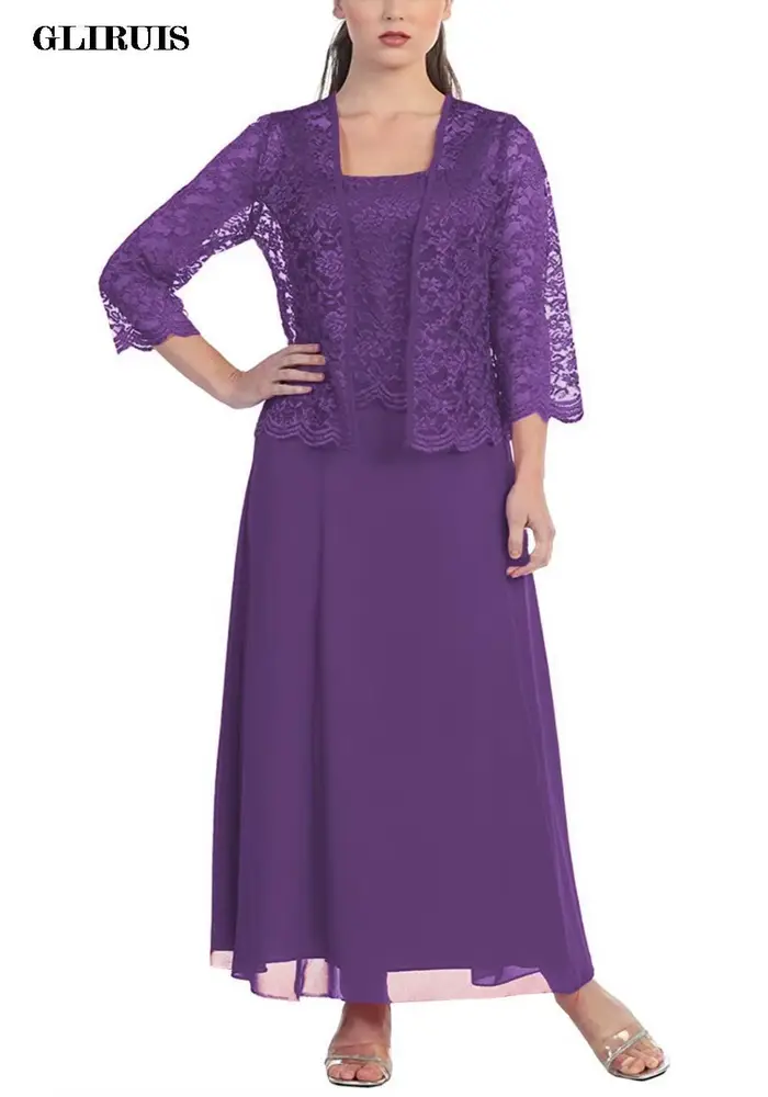 Robe de mère de la mariée en mousseline avec dentelle et veste élégante longueur cheville pour cérémonie de mariage