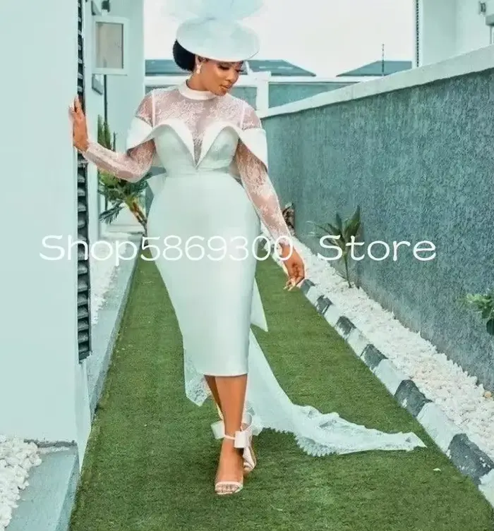 Robe de Mariée Aso Ebi en Dentelle et Satin Court avec Manches Longues et Décoration de Perles Occasions Spéciales