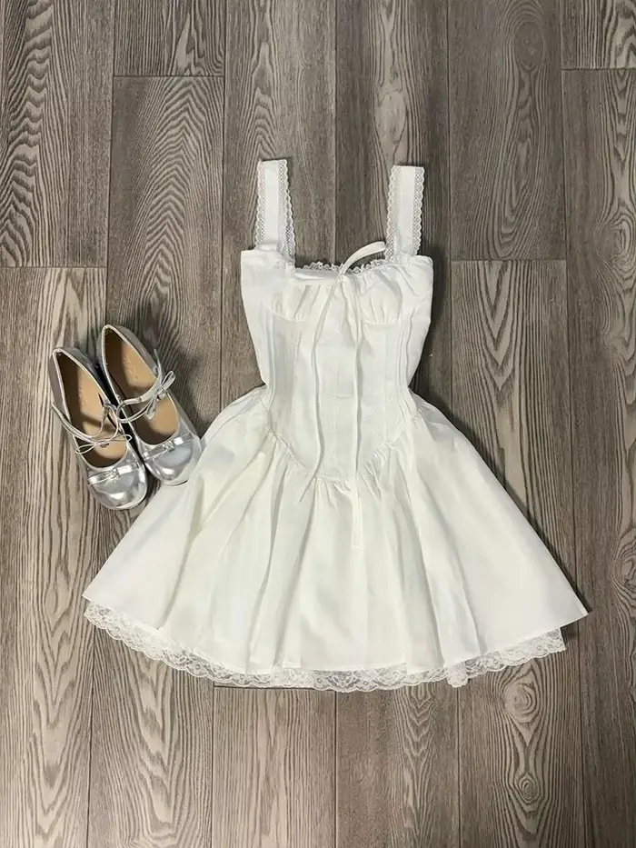 Français élégant dentelle couture douce robe blanche femmes été esthétique mince Kawaii robes nouvel