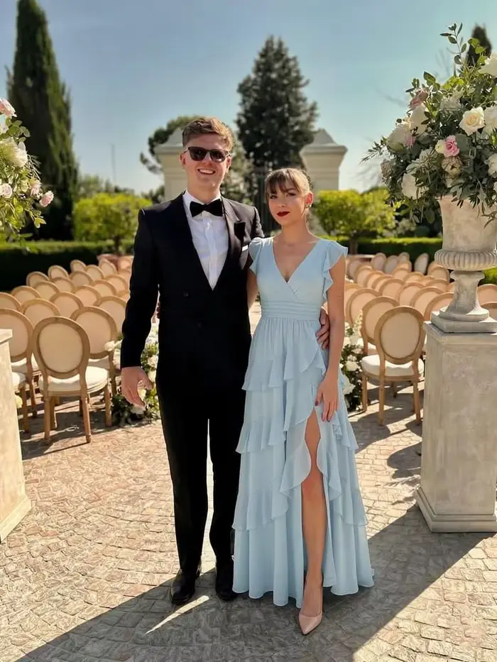 Robe de demoiselle d'honneur en mousseline à volants