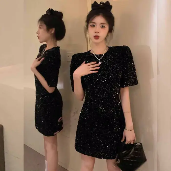 Robe à paillettes pour femmes, col rond, manches courtes, nouvelle mode française, taille haute, épi