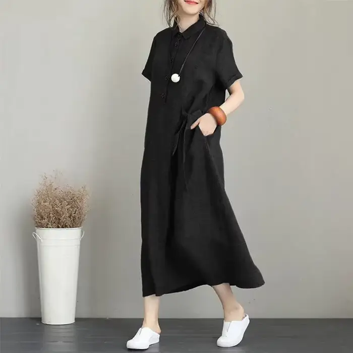 Robe décontractée pour femme en coton et lin, col polo, manches courtes, avec poche, coupe ample, lo