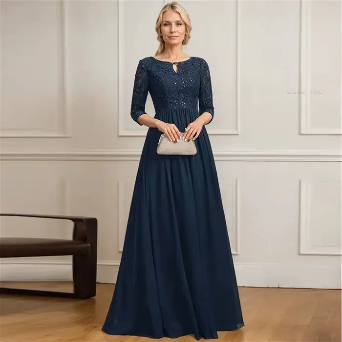 Robe de soirée longue personnalisée et élégante pour la mère de la mariée coupe a-line dentelle paillette invités mariage occasions spéciales