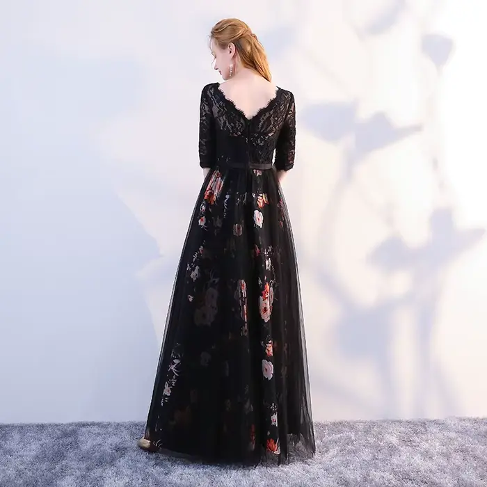 Robe de soirée élégante en dentelle imprimée floral pour femmes grandes tailles occasions spéciales soirée officielle noire sans manches