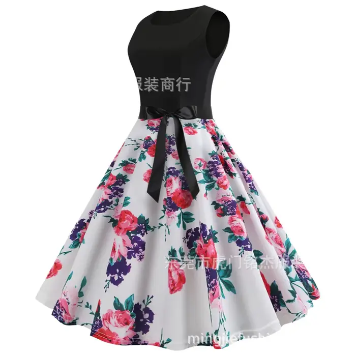 Robe midi sans manches motif floral 3D et pois style vintage frais col rond grande taille occaions spéciales femmes été