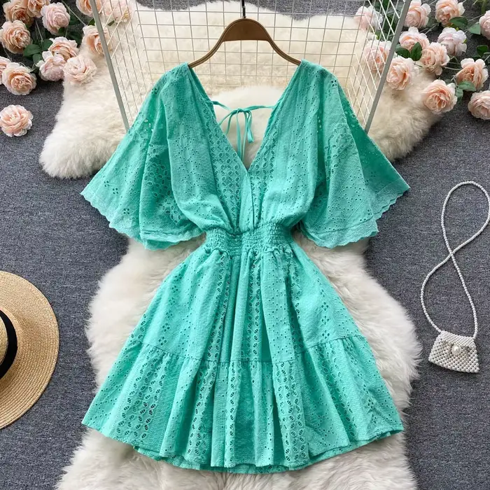 Frenchic-Robe d'été à col en V pour femme, ligne A, amissié, à lacets, mi-mollet, manches Everak, robe éducative, livraison directe