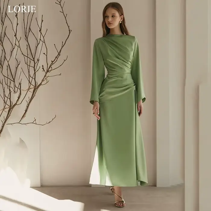 LORIE – robe de soirée élégante en Satin, plissée verte, manches longues, drapée, ligne a, robe de b