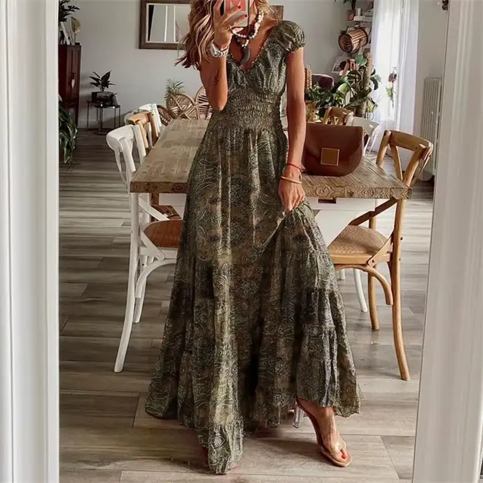 Robe longue style bohème élégante pour femmes imprimé floral occassions spéciales soirée mariage vacances