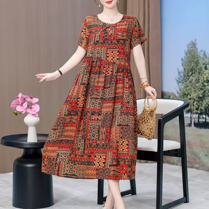 Robe vintage décontractée à manches courtes col rond impression florale ample pour femmes occasions spéciales été 2025