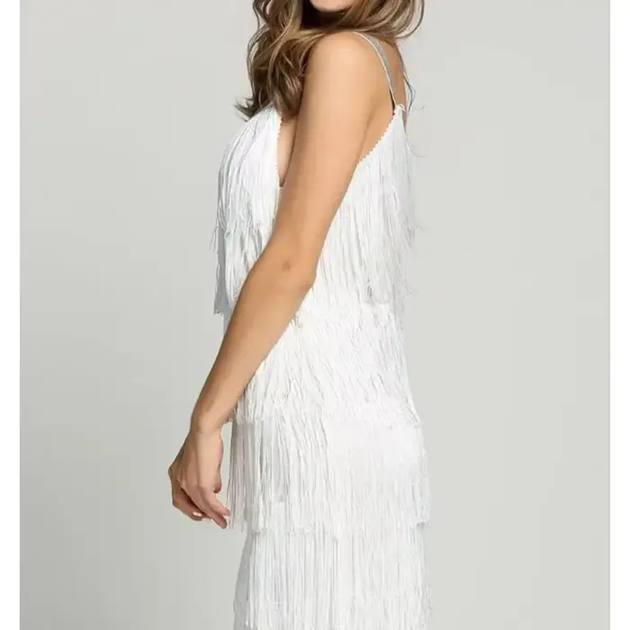 Robe d'été sexy à franges pour femmes, décontractée, plage, soirée, sans manches, col rond, polyester, noir, blanc, argent, occassions spéciales