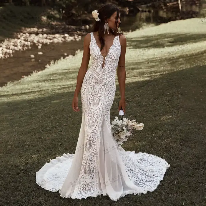Robe de mariée bohème personnalisée, robes vintage, quelle que soit la dentelle, longueur au sol en 