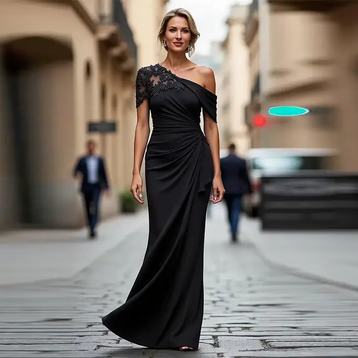 Robe élégante personnalisable mère de la mariée en mousseline de soie avec décoration dentelle et appliques pour événements spéciaux