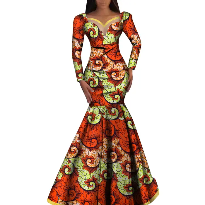 Robe africaine imprimée Ankara pour femmes, robes à manches longues, robe élégante Dashiki, jupe plissée de mariage, robes à la mode, WY1058