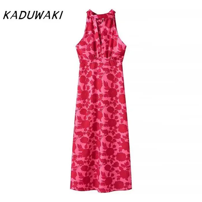 Robe Kaduwaki mi-longue imprimée élégante pour femme dos nu robe de soirée robe de plage mince mode estivale vacances sexy sans manches tricotée composition fibre synthétique polyester acétate