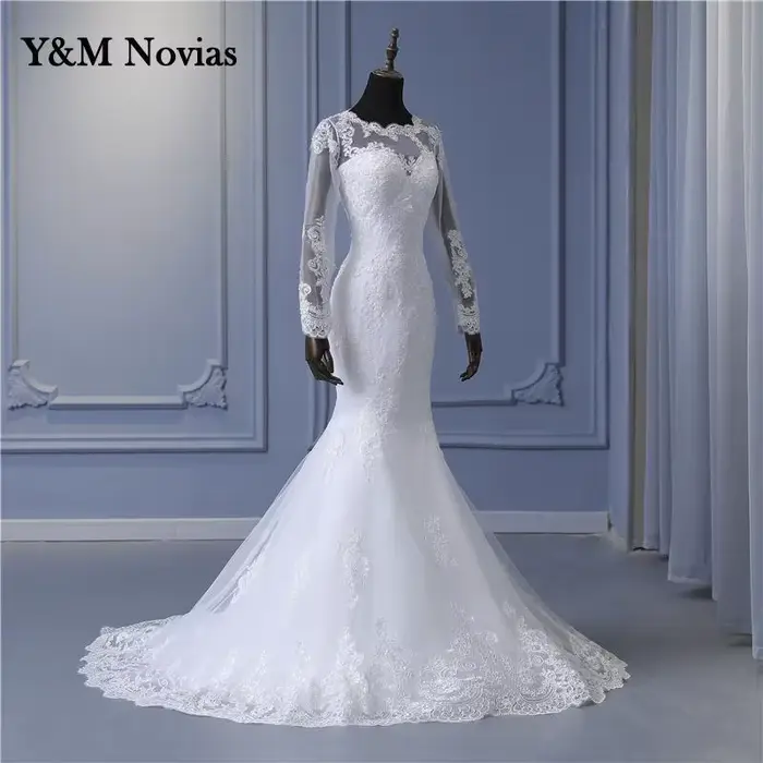 Y & M Sexy Illusion sirène robes De mariée dentelle Appliques perlée robe