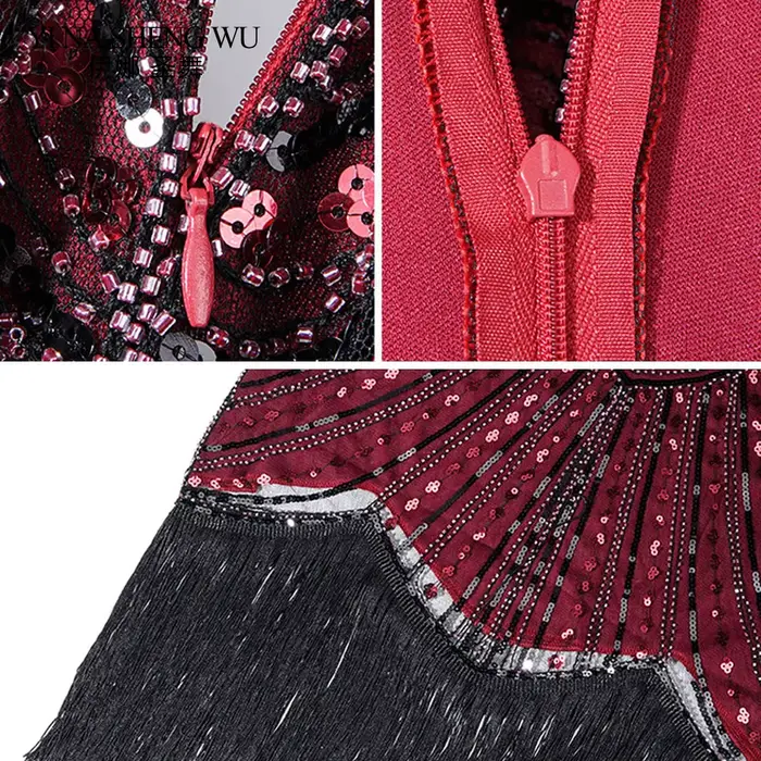 Robe de soirée évasée à franges perlées à paillettes pour femmes