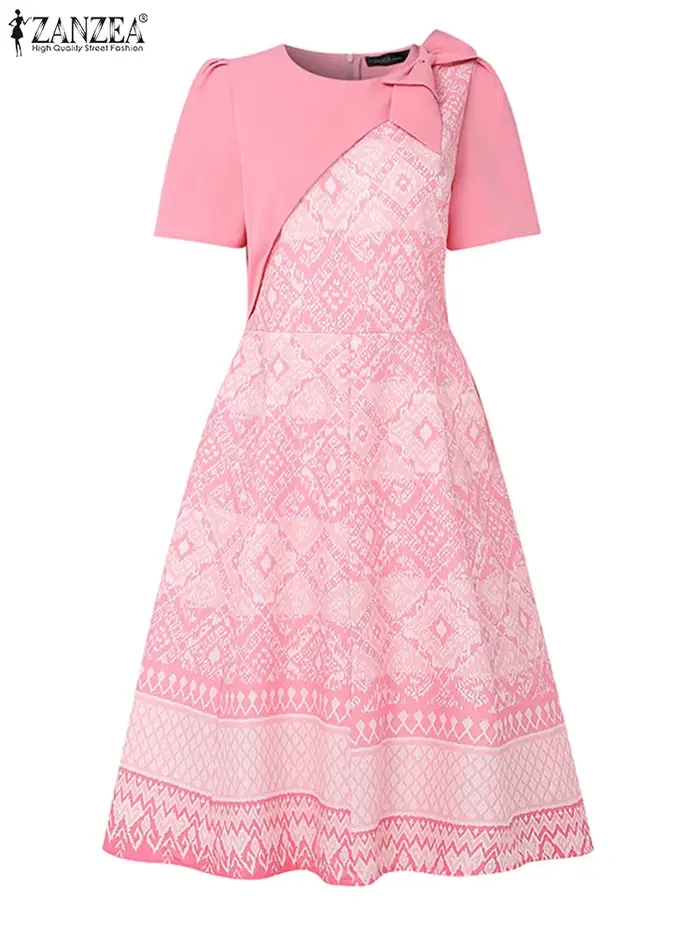 ZANZEA élégant OL Robe mi-longue femmes été robes 2025 Vintage à manches courtes imprimé nœud