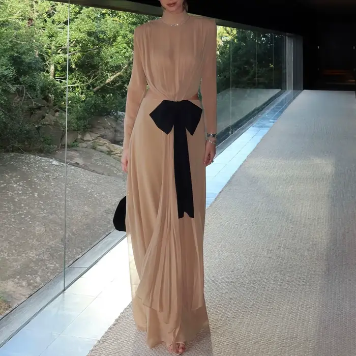 Robe de soirée sirène kaki personnalisable avec nœud et manches longues pour femmes, soirée officielle, élégante et sophistiquée