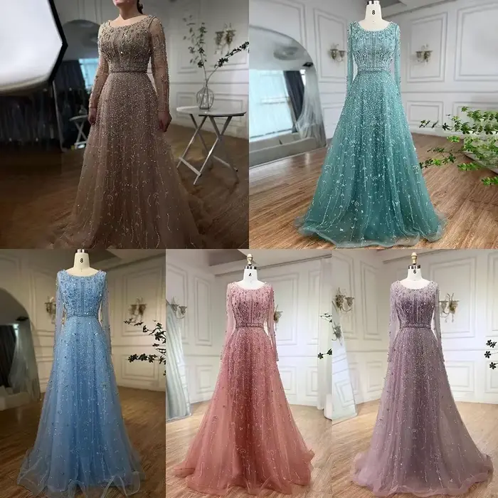 Robe de soirée longue en tulle avec perles et train de la cour coupe trapèze taille empire pour mariage gala et événement spécial