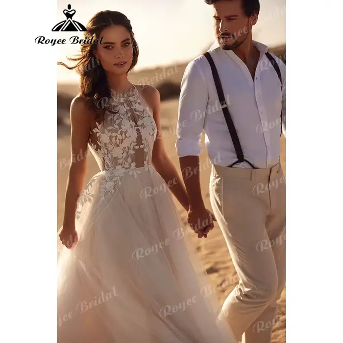 Robe de mariée bohème à col halter avec dentelle florale 3D pour mariage engagement ou fête formelle