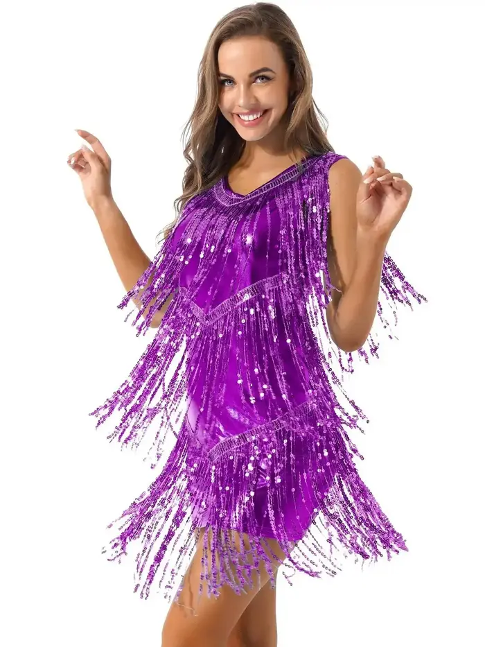 Robe de danse latine à franges et sequins pour femmes