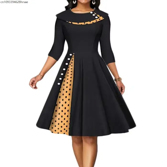 Robe Vintage pour femmes Rockabilly Dot imprimé années 50 60 Patchwork manches longues taille haute 