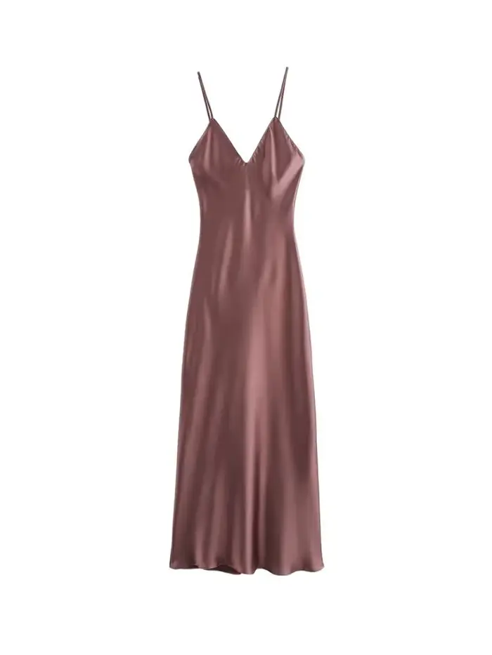 Robe mi-longue en satin polyeste col en V bretelles fines dos nu sexy pour femmes occasions spéciales