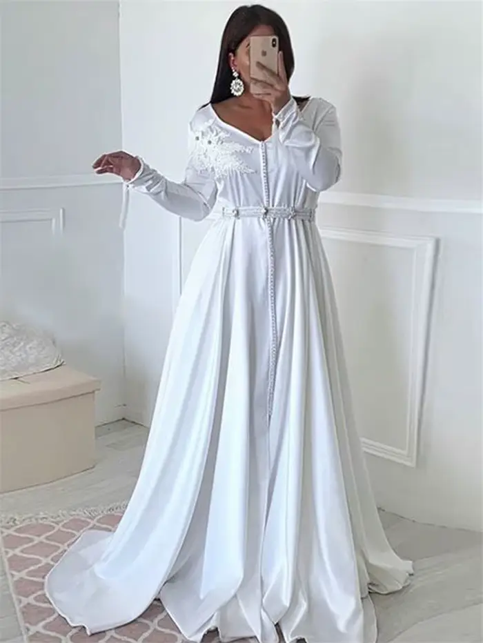 Robe de soirée blanche musulmane 2026 élégante avec zip arrière pour femmes, soirée officielle, polyester satiné, col en V, soutien-gorge intégré, train de balayage, appliques, manche casquette, occasion spéciale