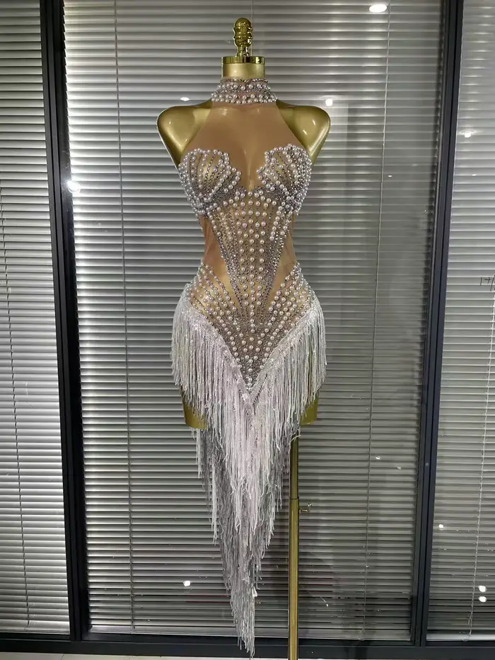 Robe sexy sans manches pour femmes, épaules dénudées, paillettes brillantes, perles, mi-mollet, polyester et élasthanne, pour occasions spéciales et photos d'anniversaire