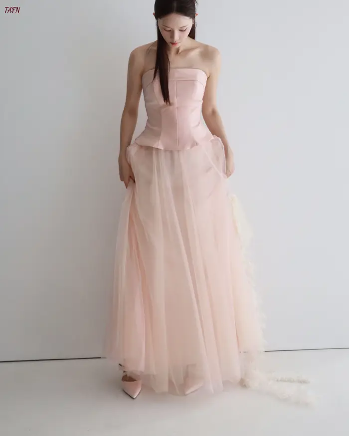 Robe de soirée élégante en tulle rose coréen TAFN