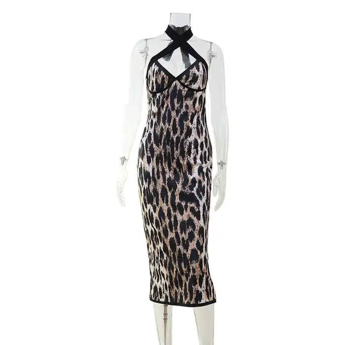 Robe en fibre de polyester à imprimé léopard col en V pour femmes élégantes et audacieuses occasions spéciales soirée club