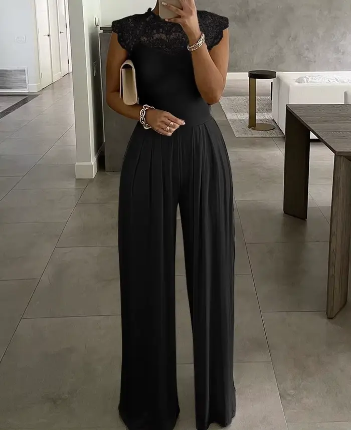 Combinaison blanche élégante en polyester avec coutures en dentelle pour femmes, mode, barboteuse, vêtement de soirée, pantalon ample, décontracté, salopette pour occasions spéciales