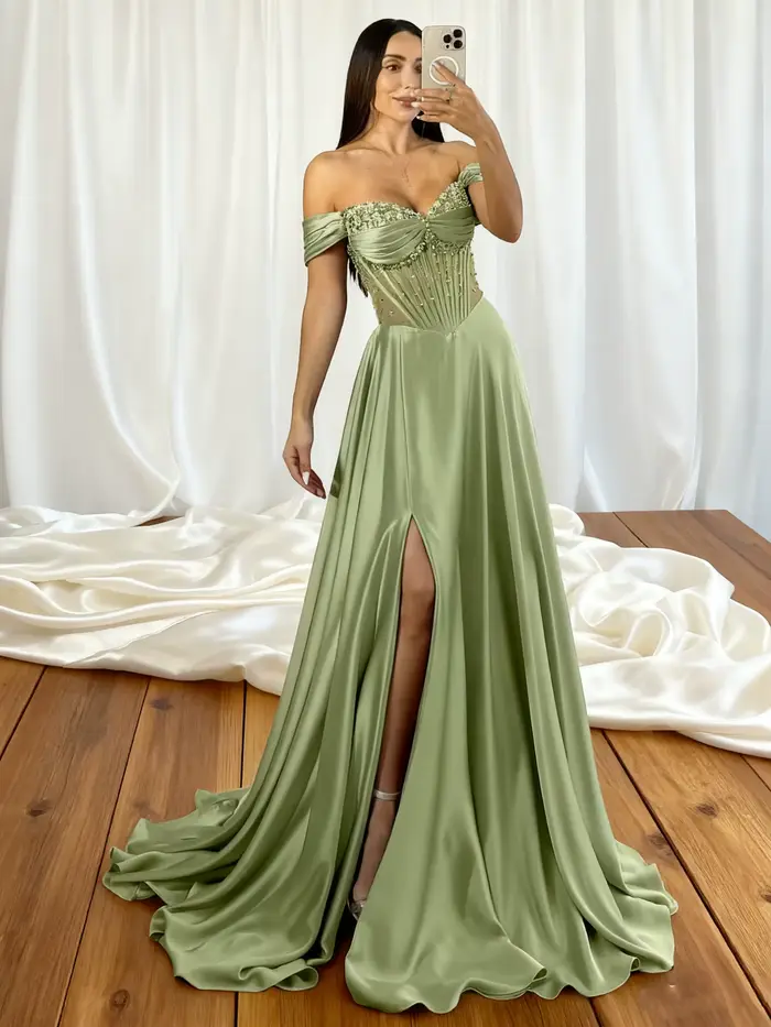 Robes de bal pour femmes Robe formelle en satin scintillant perlé avec fente sur l'épaule