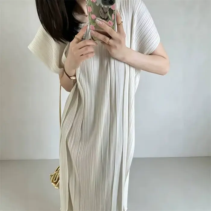 LANMREM Robe plissée pour femme, style vacances en bord de mer, haut de gamme, décontractée, col carré, asymétrique, robes d'été 2DB7724