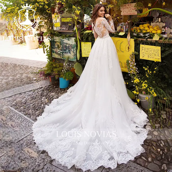 LOUIS NOVIAS sirène à manches longues robes de mariée chérie broderie Illusion bouton détachable Train 2 IN1 robe