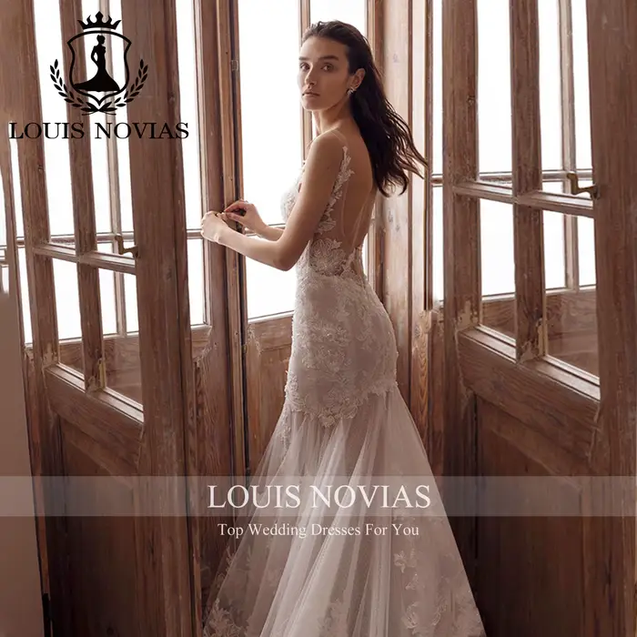 LOUIS NOVIAS robe De mariée sirène bretelles Spaghetti chérie Appliques Champagne dentelle Sexy